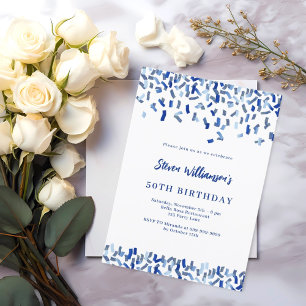 Birthday navy blue white confetti men guy invitation