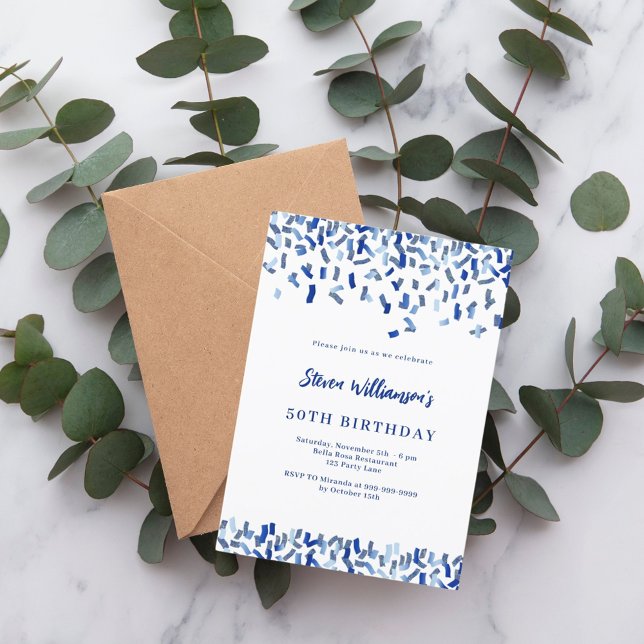Birthday navy blue white confetti men guy luxury invitation (Creator Uploaded)
