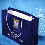 Birthday navy blue white custom photo monogram large gift bag<br><div class="desc">A gift bag for a 50th (or any age) birthday.  A classic navy blue background,  the blue colour is uneven. Personalise and add a photo,  date,  name and year 50. The name is written in white with a modern hand lettered style script. 
Use a portrait size photo.</div>