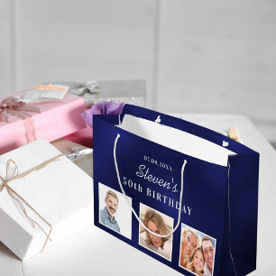 Birthday navy blue white custom photo monogram  large gift bag