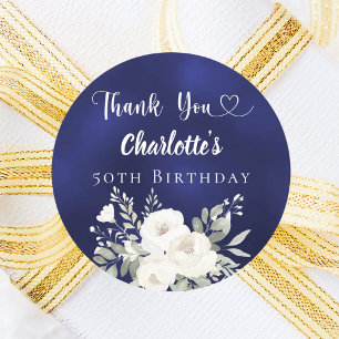 Birthday navy blue white flowers Thank You Classic Round Sticker