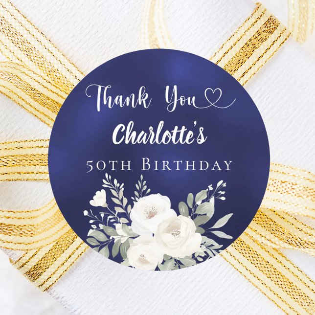 Birthday navy blue white flowers Thank You Classic Round Sticker (Creator Uploaded)