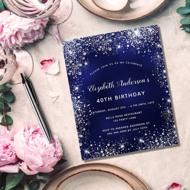Birthday navy blue white glitter budget invitation flyer (Creator Uploaded)