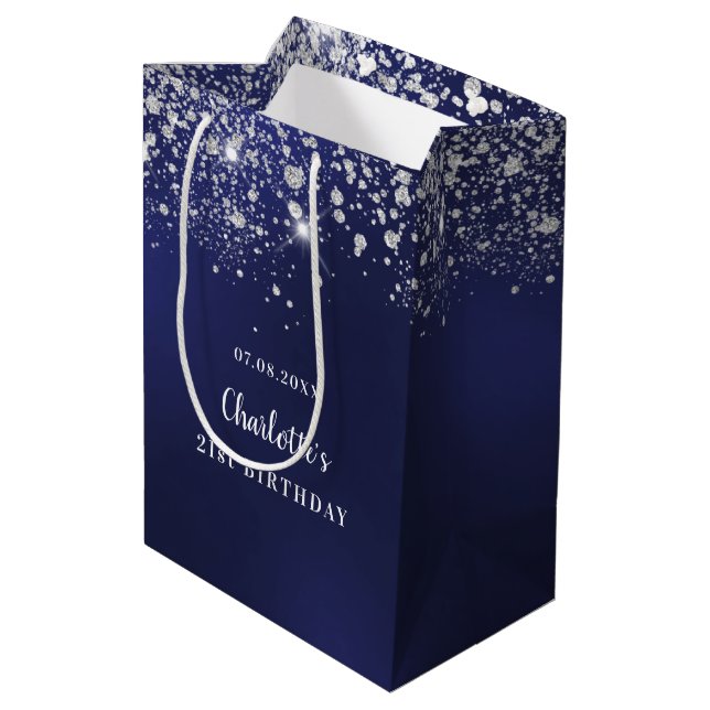 Birthday navy blue white glitter monogram medium gift bag (Back Angled)
