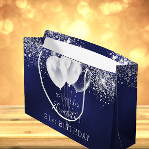 Birthday navy blue white glitter sparkles balloons large gift bag