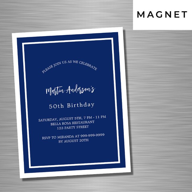 Birthday navy blue white minimalist luxury magnetic invitation (Creator Uploaded)