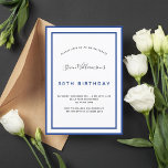 Birthday navy blue white minimalist men guy<br><div class="desc">A modern,  elegant and invitation.  A white background decorated with navy blue frames.  Personalise and add a name and details. Black and blue coloured letters.</div>