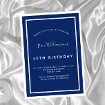 Birthday navy blue white minimalist men guy invita<br><div class="desc">A modern,  elegant and invitation.  A navy blue background decorated with white frames.  Personalise and add a name and details. White text.</div>
