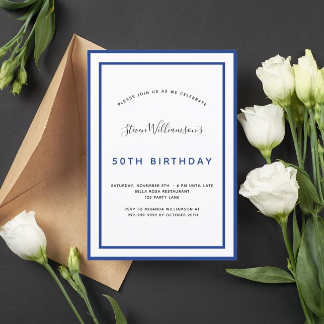 Birthday navy blue white minimalist men guy invitation (Creator Uploaded)
