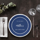 Birthday navy blue white minimalist men guy paper plate<br><div class="desc">A navy blue background decorated with a white frame.  Personalise and add a date,  name,  age.</div>