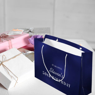 Birthday navy blue white monogram modern large gift bag