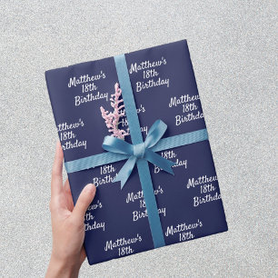 Birthday navy blue white name script minimalist wrapping paper