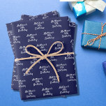 Birthday navy blue white name script minimalist wrapping paper sheet<br><div class="desc">Navy blue background,  white text. Personalise and add a name and age.  A modern hand lettered style script. For both him and her.</div>