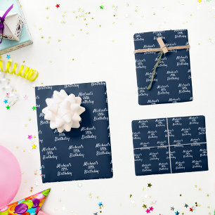 Birthday navy blue white name script wrapping paper sheet