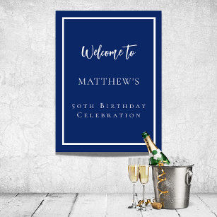 Birthday navy blue white party welcome poster