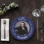 Birthday navy blue white photo man myth legend paper plate<br><div class="desc">A classic navy blue background.   Text: The Man,  The Myth,  The Legend. Personalise and add his name,  age and photo. White text.</div>