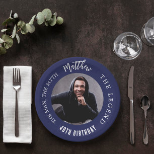 Birthday navy blue white photo man myth legend paper plate