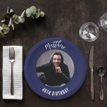 Birthday navy blue white photo paper plate<br><div class="desc">A classic navy blue background. Personalise and add his name,  age and photo. White text,  curved.</div>