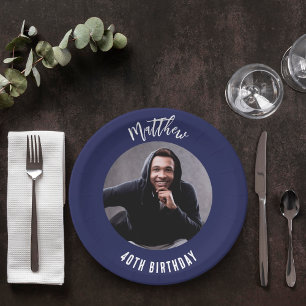 Birthday navy blue white photo paper plate