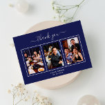Birthday navy blue white photo script guy men thank you card<br><div class="desc">Add 3 of Your birthday photos,  vertical size,   a date,  name,   and the thank you note.  A classic navy blue background with white text and frame.  The text: Thank you on the front and your name on the back are written with a stylish hand lettered script with swashes.</div>