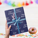 Birthday navy blue white wrapping paper<br><div class="desc">Navy blue background,  white text: Happy Birthday!  A modern hand lettered style script</div>