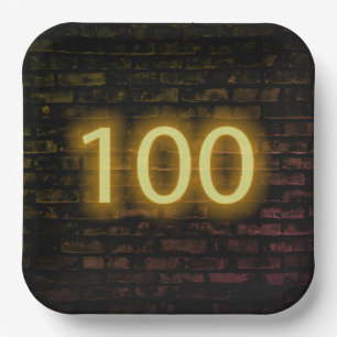 Birthday Neon 100 Sign on Brick Wall    Paper Plate