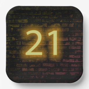 Birthday Neon 21 Sign on Brick Wall  Paper Plate
