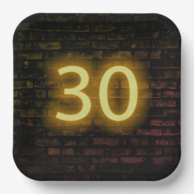 Birthday Neon 30 Sign on Brick Wall  Paper Plate (Front)