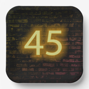 Birthday Neon 45 Sign on Brick Wall     Paper Plate