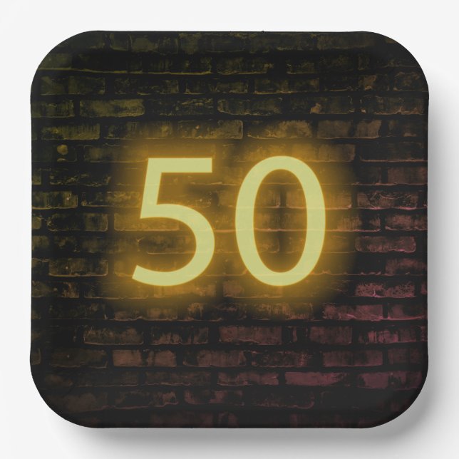 Birthday Neon 50 Sign on Brick Wall Paper Plate (Front)