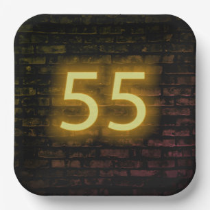 Birthday Neon 55 Sign on Brick Wall    Paper Plate
