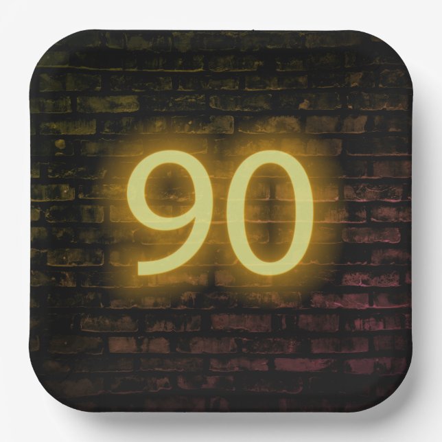Birthday Neon 90 Sign on Brick Wall  Paper Plate (Front)