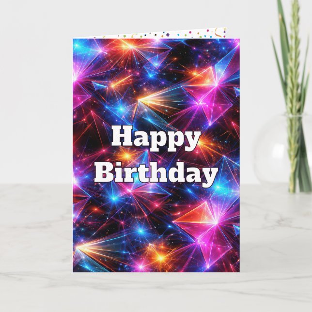 Birthday Neon Polygon Abstract with Explosions Card (Front)