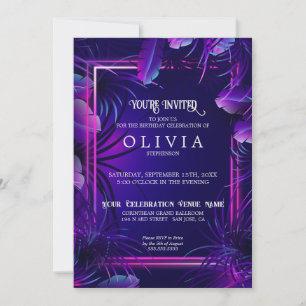Birthday   Neon Purple Tropical Foliage Invitation