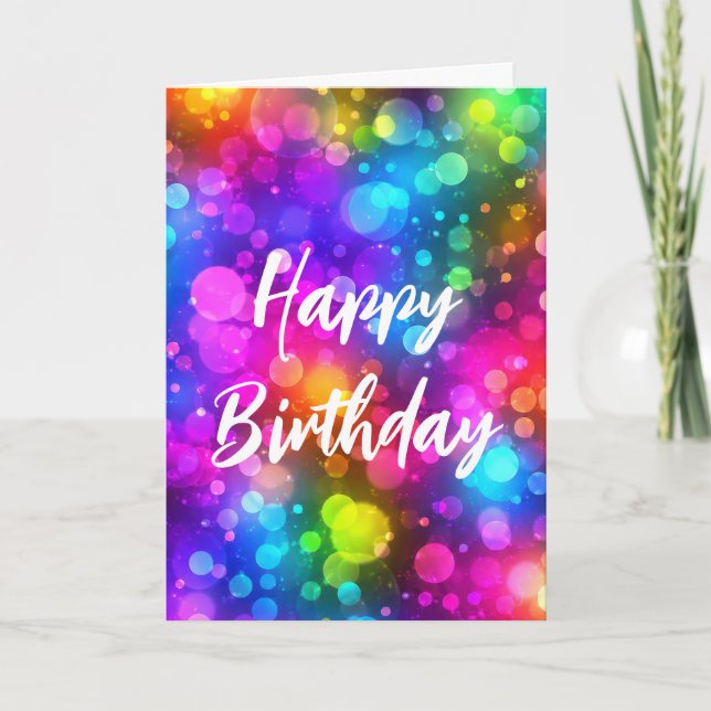 Birthday Neon Rainbow Bokeh Lights Abstract Card (Front)