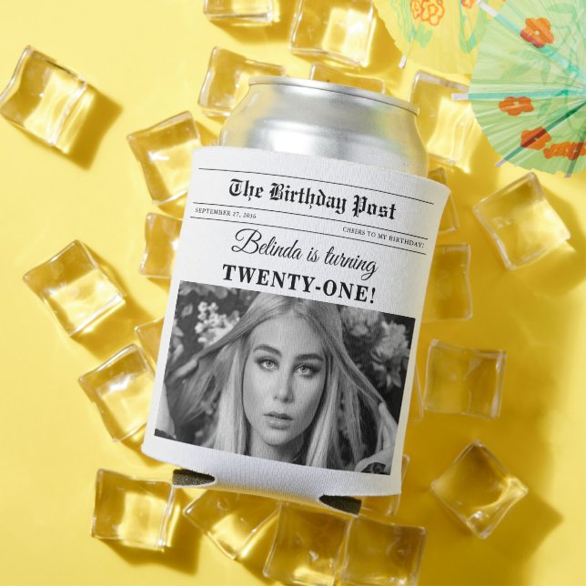 Birthday Newspaper Fun Black & White Photo Can Cooler (In Situ Summer)
