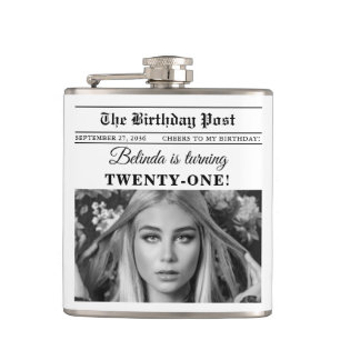 Birthday Newspaper Fun Black & White Photo Hip Flask