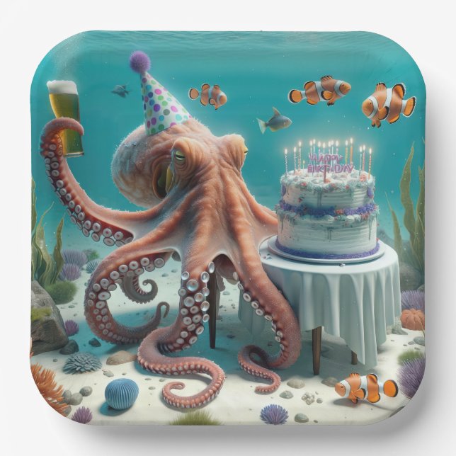 Birthday Octopus With a Beer Paper Plate (Front)
