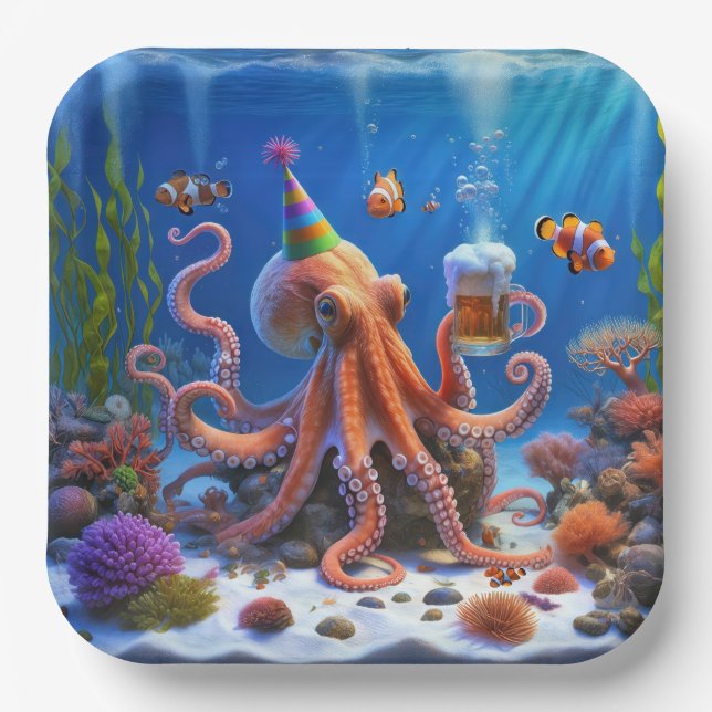 Birthday Octopus With a Beer Paper Plate (Front)