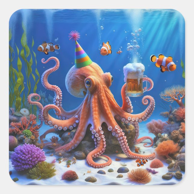 Birthday Octopus With a Beer Square Sticker (Front)