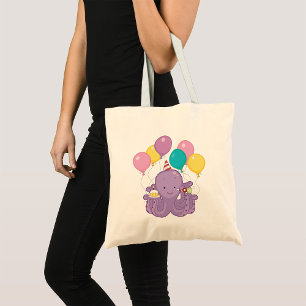 Birthday Octopus with Balloons and Cupcake Tote Bag