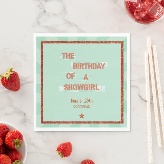 Birthday of a Showgirl Orange Teal Glitter Glam Napkin (Insitu)