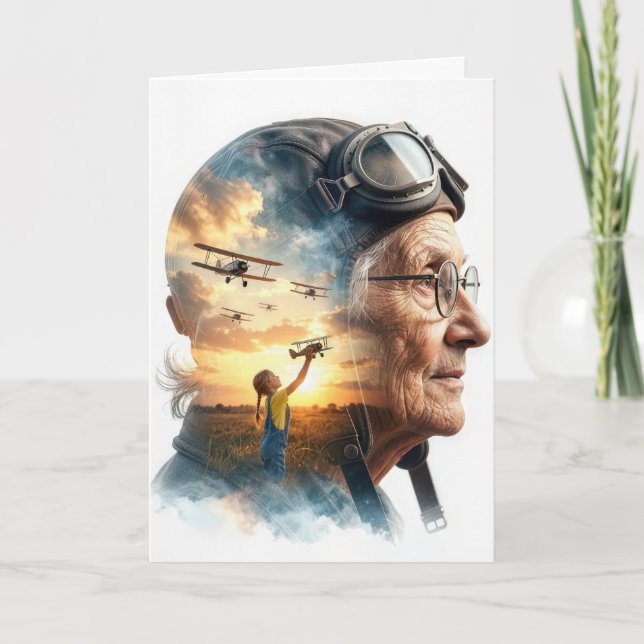 Birthday Old Lady Aviator Remembering the Past Card (Front)