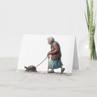 Birthday Old Lady Walking a Turtle Card