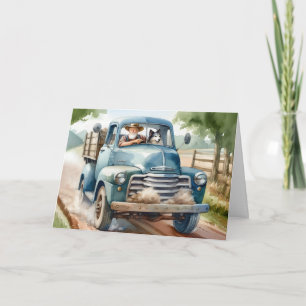 Birthday Old Man and Dog In Blue Retro Truck Card