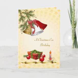 Birthday on Christmas Eve - bells, baubles, candle Holiday Card