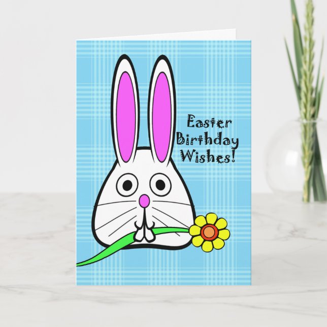 Birthday on Easter, Cute Bunny with Flower Holiday Card (Front)