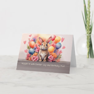 Birthday on Easter Rabbit Amid Flowers Balloons Card