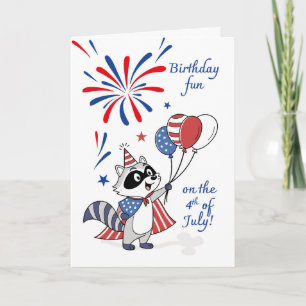 Birthday on July 4th Racoon Balloons Fireworks Card