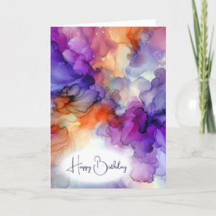 Birthday Orange and Purple Alcohol Ink Abstract Card